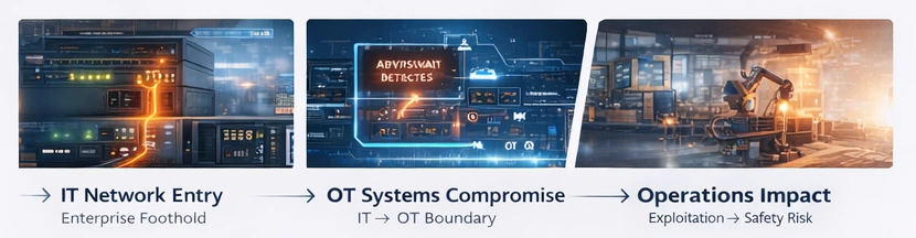 Attack path: IT Network Entry → OT Systems Compromise → Operations Impact