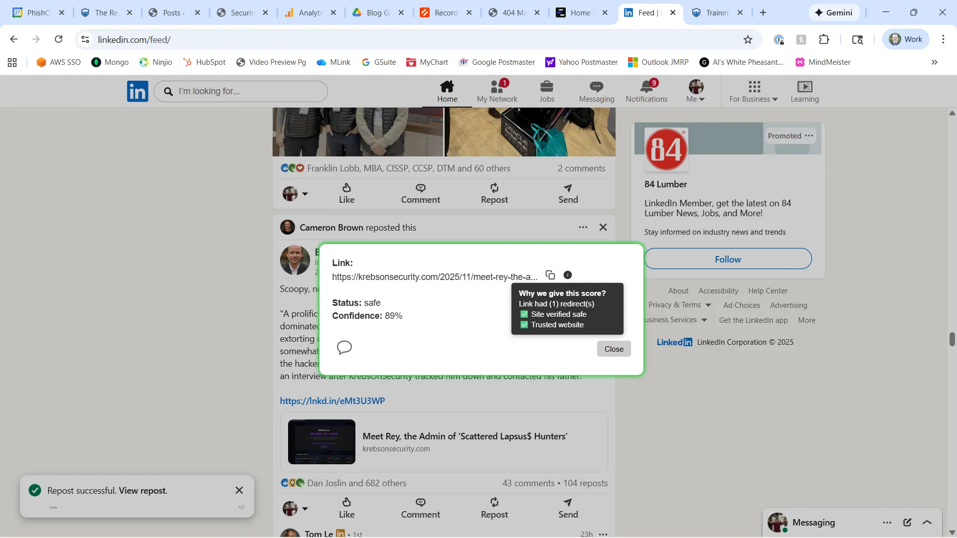 Browser overlay showing real-time link analysis, status, and confidence score on a LinkedIn post