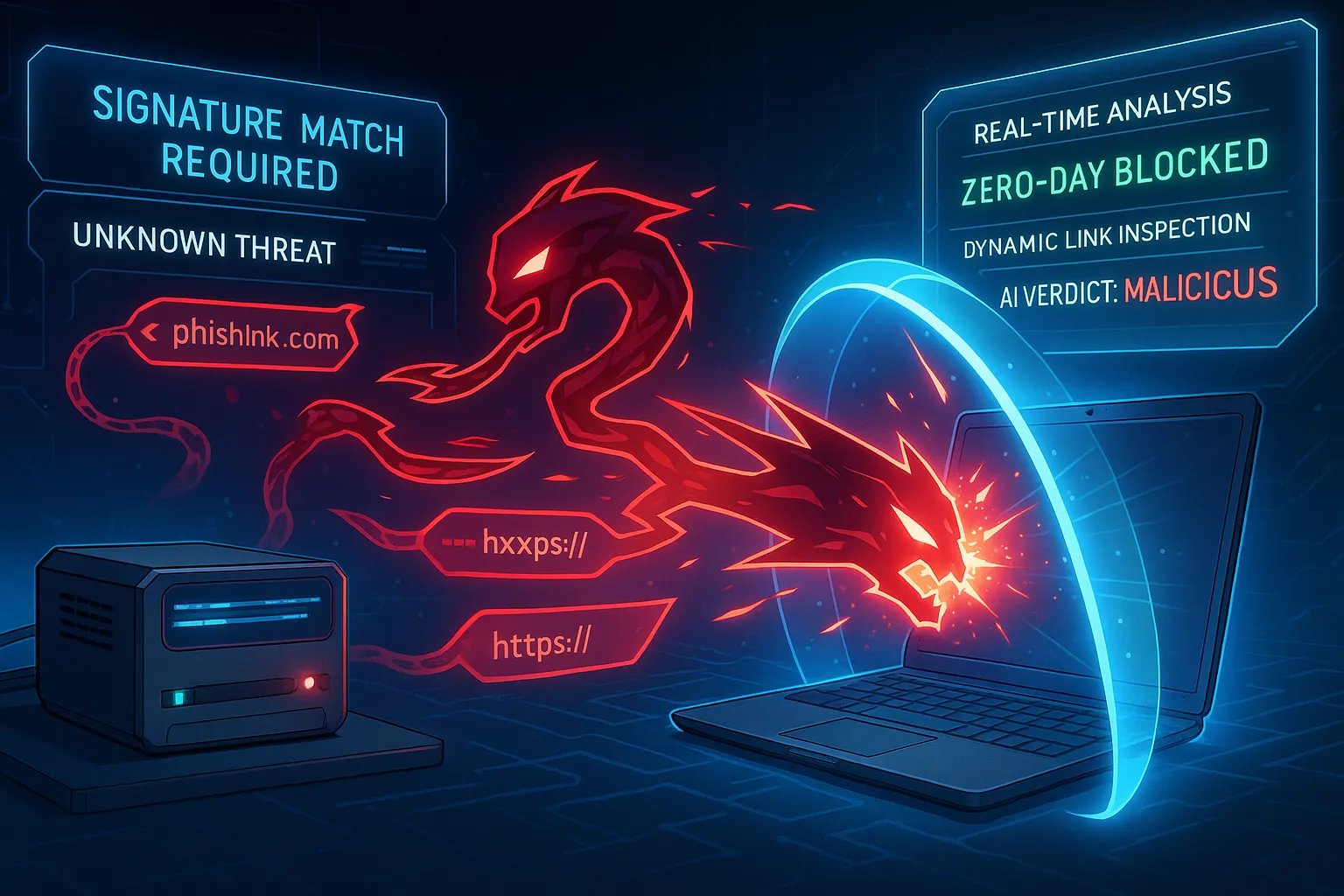 Corporate anime-style visualization of polymorphic phishing links bypassing a legacy signature-based device and being blocked by AI-powered endpoint protection around a laptop